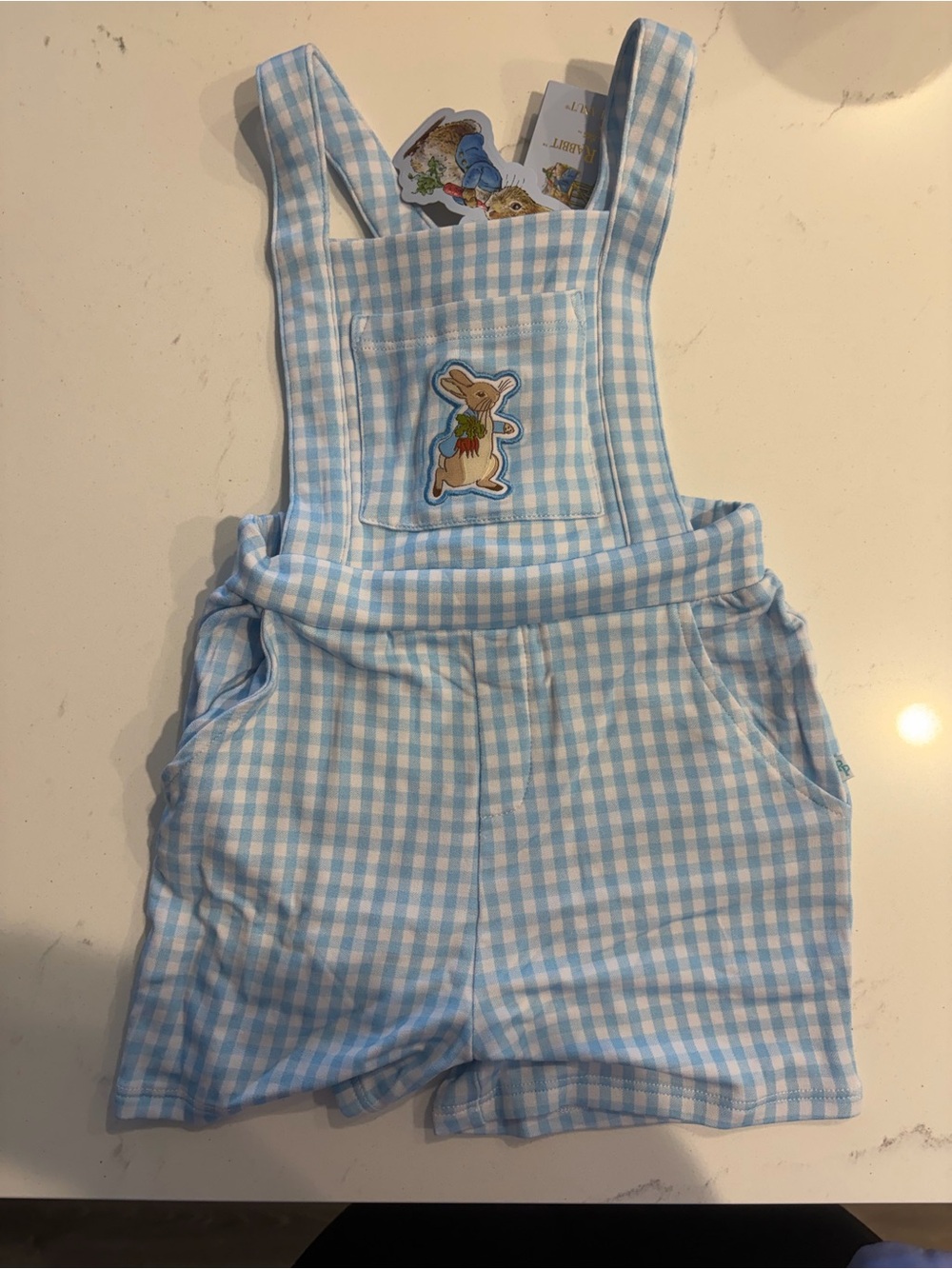 Posh Peanut Light Blue Peter Rabbit Gingham Overalls with Bunny Patch